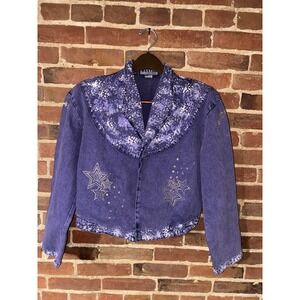 80s 90s Purple Acid Wash Denim Jacket Rhinestone Studded Stars Cropped
